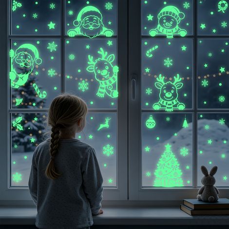Autocollants Père Noël phosphorescents, autocollants en verre rennes fluorescents, autocollants électrostatiques flocons de neige verts lumineux, décorations de fenêtre.