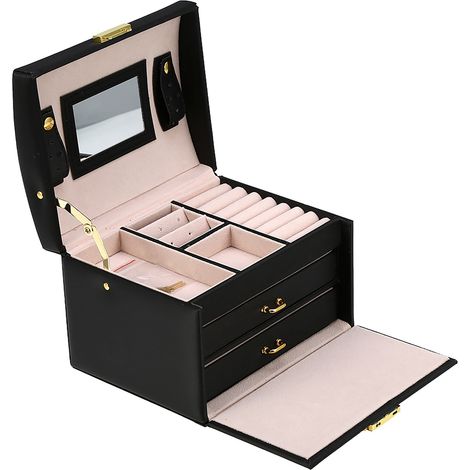 Dreistöckige Schmuckaufbewahrungsbox aus PU-Leder, Ohrring- und Halsketten-Displayschrank, Schwarz (1/5)