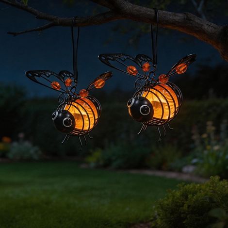 2 Lampes Solaires Abeille Suspendues, Éclairage LED Extérieur Étanche pour Jardin, Terrasse, Balcon et Arbre——Orange (1/5)