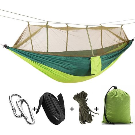 Hängematte mit Moskitonetz – Für Outdoor-Aktivitäten und Camping – Tragbar – Fallschirmgewebe – Zwei-Personen-Zelt – 260 x 140 cm – Tragkraft: 200 kg – Grün