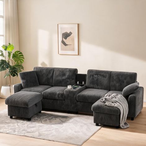 Sofa modulaire gris en velours côtelé avec rangements en corduroy (1/5)
