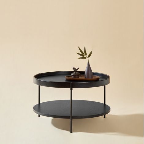 Table basse ronde 69 x 69 x 38 cm noire à 2 niveaux, MDF et métal, montage simple MEUBLIV (1/5)