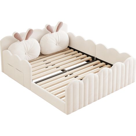Bett mit Schutzgitter 140×200 cm, Doppelbett mit Dekokissen, ohne Matratze, Beige, Gepolstert (1/4)