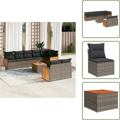 9-tlg. Garten-Sofagarnitur mit Kissen Grau Poly Rattan - Gartensorte - Gartenmöbelset - Outdoor Möbel - Lounge Set - Rattan Gartenmöbel