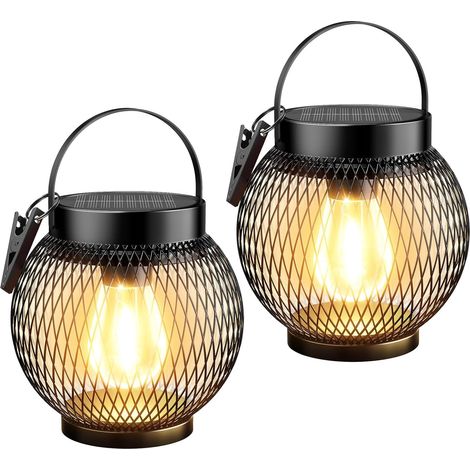 Lot de 2 lanternes solaires d'extérieur à suspendre/à poser - En métal - Avec grande ampoule LED pour l'extérieur - Étanche IP65 - Pour jardin, balcon, cour, terrasse, extérieur - Blanc chaud (1/5)