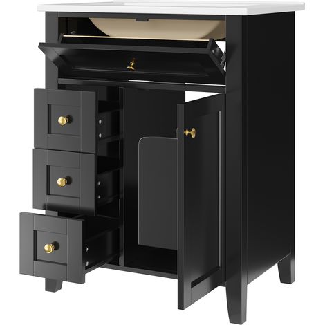 Mobile bagno a terra 61 cm nero lucido con lavabo in ceramica (1/5)