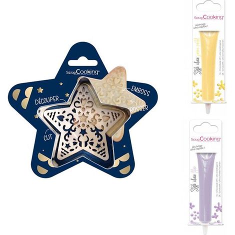 Kit pour biscuit en relief Étoile + 2 Stylos au chocolat jaune pastel et lilas (1/2)