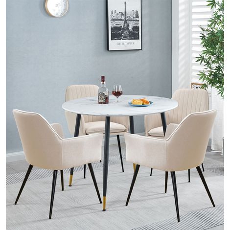 Hallowood Furniture Finley Small Dining Table and Chairs Set 4, White Marble Effect Round Dining Table Top and Four Beige Fabric Chairs with Armrest, Stylish Set for Home, Office, or Café