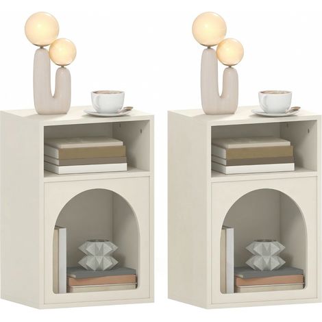 Set de 2 tables de chevet design arqué avec compartiments ouverts, 40 x 30 x 60 cm, couleur crème, mobilier moderne et pratique. (1/5)
