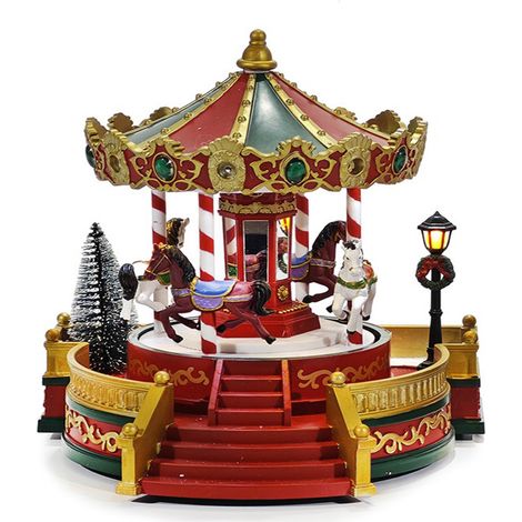Giostra Natalizia con Cavalli luci led suoni e movimento Rosso Verde Oro Carosello Musicale 21,5x21x23 cm e Luci LED Bianco Caldo Albero Innevato e Lampione Decorazione Villaggio di Natale Idea Regal (1/5)