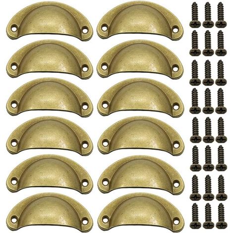 Lot de 12 poignées de tiroir antiques en alliage de fer et nickel, pour meubles, portes d'armoires et autres meubles. Forme demi-cercle, 8,1 cm x 3,5 cm, jaune.