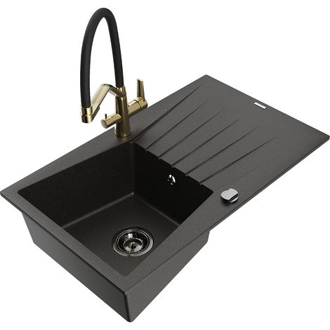 Mexen Cesar lavello in granito a 1 vasca con scolapiatti e rubinetto da cucina Duo, nero/oro metallizzato - 6514-75-671701-57-B (1/5)