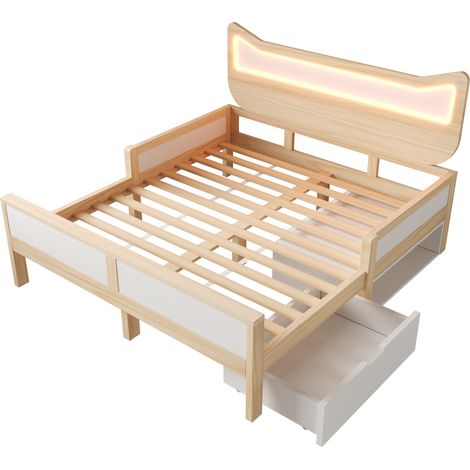 Letto bambino 140 x 200 cm testiera gatto LED RGB, contenitore reversibile, bianco e quercia (1/5)