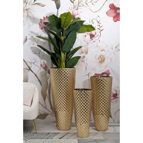Dmora - Set di 3 vasi Manara, Complemento d'arredo, Anfora, Accessorio d'arredo, 48x48 h110 cm, Oro