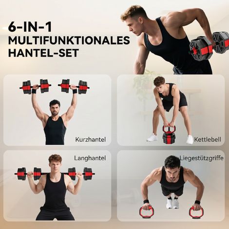 Set d'haltères 6-en-1 réglable 20 kg, poids pour musculation à domicile, avec barres courtes et longue. (1/5)