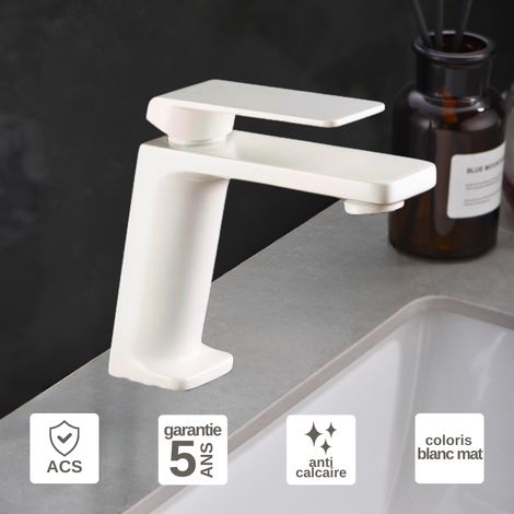 Robinet Mitigeur Lavabo Salle de Bain blanc mat – Bec Bas Anti-Calcaire – Design Moderne - FIYI IMEX (1/4)