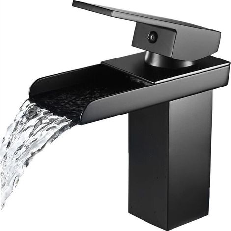 Mitigeur de lavabo Cascade Robinet Salle Bain Noir Chromé Robinet Lavabo en Laiton Monotrou Sur Plage Robinetterie Salle de Bains Design Elégant