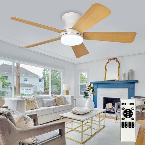 Ventilateur de plafond moderne avec lumière : 42 pouces blanc Petits ventilateurs - Ventilateurs de plafond à gradation avec télécommande 5 pales en bois réversibles 6 vitesses Minuterie (1/5)
