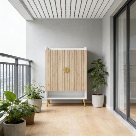 Meuble d'entrée en bois massif, rangement à chaussures avec étagères, meuble couloir pratique, armoire à souliers design, mobilier hall d'accueil, 2 portes, finition naturelle, 100x35x90cm (1/5)