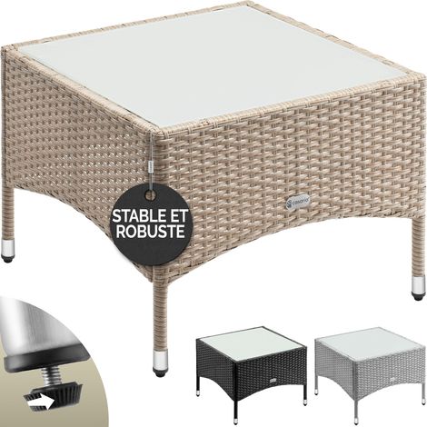 Casaria – Table basse en polyrotin tressé 58x58x42 cm – Plateau en verre de sécurité 5mm – Structure en acier galvanisé – Résistante aux UV