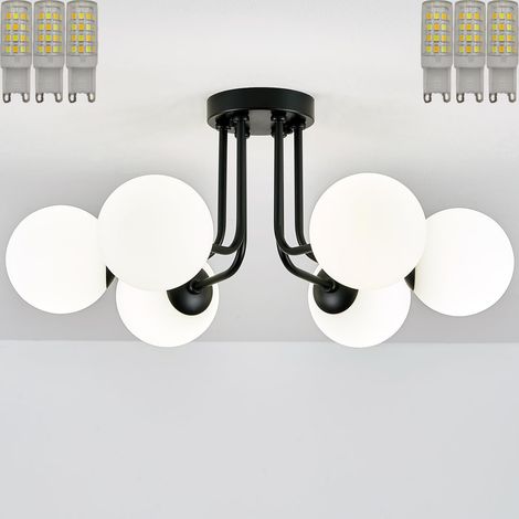 Plafonnier semi-moderne à 6 lampes, lustre noir, G9, abat-jour en verre, convient aux chambres et salons, température de couleur 3000-6000K. (1/5)