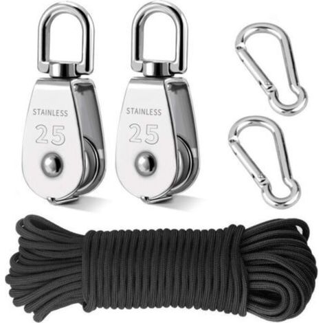 Système de poulie de grue M25 en 2 pièces, système de poulie robuste pour le levage d'un seul palan avec crochet pivotant en acier inoxydable 304 avec 20 m (6 mm) de corde de poulie en nylon et 2 mous