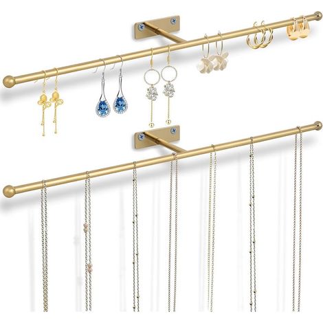 Wandmontierter Schmuckhalter – Halskettenständer 37 cm – Vielseitiger Organizer für Ohrringe, Ringe, Armbänder, Brillen, Haarbänder – Gold – 2 Stück (1/5)