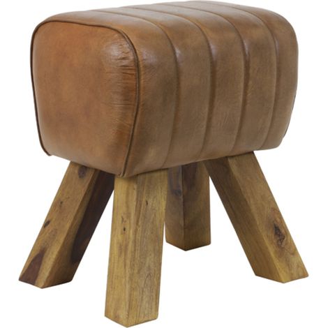 Sgabello RAMY in legno e pelle marrone – 40x31x46 cm