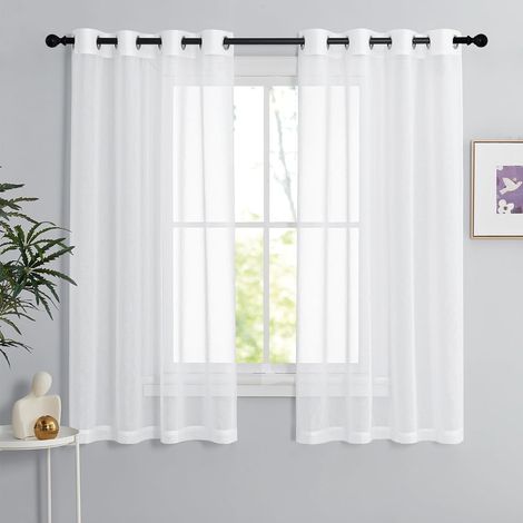 Rideau Blanc - Voilage Lot de 2 Rideaux Lin Naturel Effet 140 x 160 Décoration Maison Chambre & Hôtel pour Petites Fenêtres Draperies Souple à Oeillet Romantique (1/5)