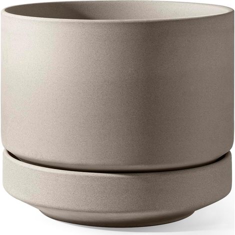 Grand Pot de Fleurs en Céramique 35 cm avec Soucoupe, Jardinière pour Intérieur et Extérieur, Trou de Drainage avec Filet et Bouchon, Non Émaillé et Respirant - Gris Neutre (1/5)