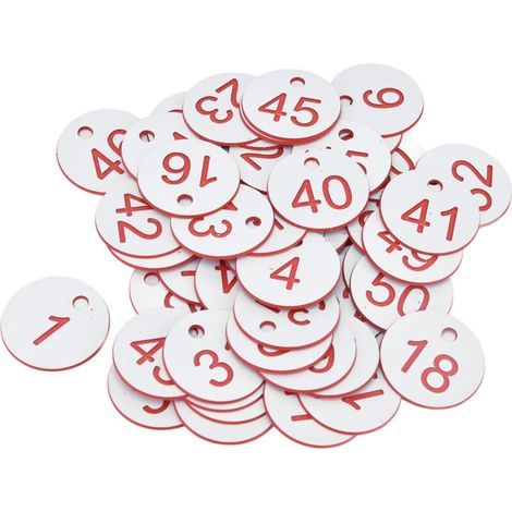 Paquete de 50 etiquetas redondas numeradas de ABS para colmenas, con agujeros, para apicultura (del 1 al 50). (1/4)