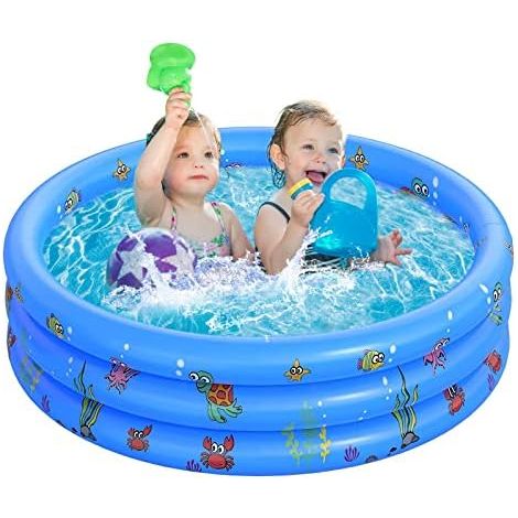 Planschbecken für Kinder, aufblasbares Baby-Schwimmbad, 3-Ring-Planschbecken mit aufblasbarem Sicherheits-Blasen-Boden, kleine Planschbecken für Kleinkinder, Gärten, Hinterhof, blau, 100 x 27 cm (1/5)