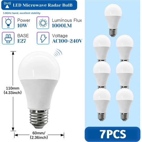 (7 unités, lumière naturelle 4000K) Ampoules radar à micro-ondes pour détecteurs de mouvement, 10W, 1000LM, sans scintillement. (1/5)