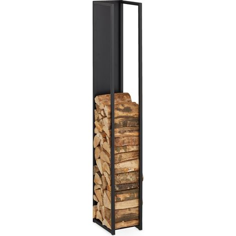 Relaxdays Leñero Alto de Metal Soporte de Leña, Estantería Panel Trasero, para Troncos, Chimenea, 157x23,5x30 cm, Negro (1/5)