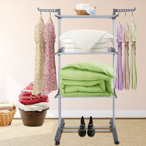 Sechoir à Linge Pliable avec roulettes,3 Niveaux Sechoir à Linge sur Pied, Acier Inoxydable Seche Linge,Grande Capacité,Gris (1/5)