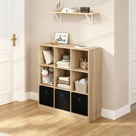 Estanteria libreria 80x30x86.5 cm negro y roble claro en madera derivada con 3 cajones de tela (1/4)