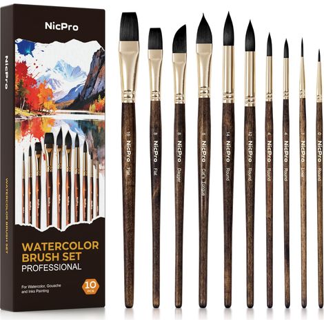 10 pinceaux Aquarelle, pinceaux Peinture en Poils d'écureuil synthétiques, Plats, Poignard, Doublure, Rond, Langue de Chat, Pinceau pour aquarelle, Gouache, Peinture à l'encre (1/5)