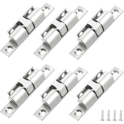 Lot de 6 verrous de porte à double rouleau en laiton avec vis pour porte de meuble, serrure de porte d'armoire (argent) (1/5)