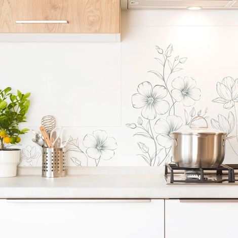 Fond de hotte en aluminium - motif floral vert et blanc - 70x60 cm