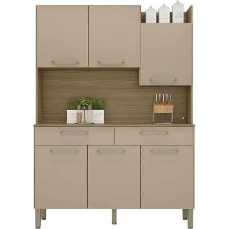 Beaux Meubles Pas Chers – Buffet de cuisine 6 portes 2 tiroirs imitation chêne taupe – 10 niches – Dimensions L 132 x H 186 x P 38.8 cm – Bois certifié FSC (1/4)