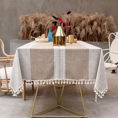 Nappe rectangulaire en coton-lin avec bord à franges, résistante aux taches, 140x260 cm, Beige clair