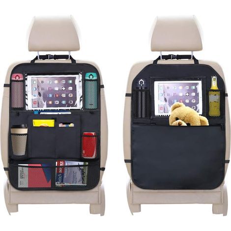 Protection Siege Voiture, Organisateurs de Voiture, Protection Siege VoitureEnfant, Protection Siege Imperméable avec Multi-Poches Rangements et Support Transparent pour Tablettes, Noir 2pcs (1/4)