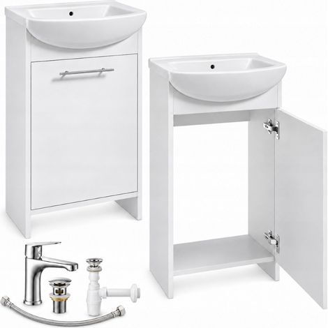 Freistehender Badezimmerschrank mit Waschbecken und Armatur, Chrom, Weiß, 50 x 84 cm, Frigo (1/5)