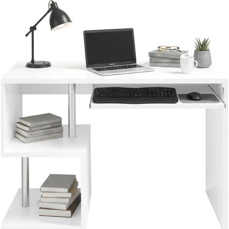 Dmora Scrivania moderna ad Esse per ufficio e studio con scaffale, Made in Italy, Tavolo da computer, Scrittoio porta PC, cm 100x50h78, colore Bianco lucido, con imballo rinforzato
