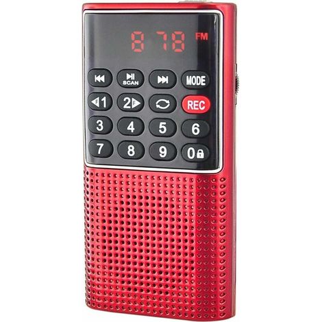 Radio FM recargable de bolsillo, lector de tarjeta Micro SD, 3W RMS, conector para auriculares - Rojo (1/5)