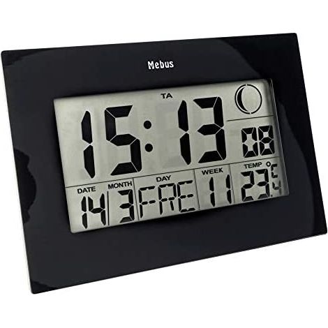 MEBUS Funkwanduhr, Funk-Tisch-Uhr, zwei Weckzeiten mit Weckwiederholung, Innenthermometer, Kalender, Zeitzonen-Einstellung, Mondphase, Farbe: Schwarz, Modell: 46732