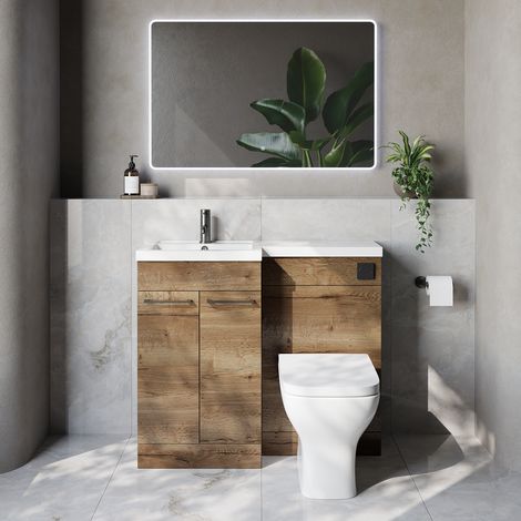 Napoli 390 Tobacco Oak 1000mm 2 Door Vanity Unit Toilet Suite with Left Hand Square Lucia Basin - 1000mm - Gunmetal Grey 160mm HandleWith Kingston Toilet Pan and Seat