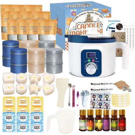 Kit de Fabrication Bougie Parfumée pour Adultes avec Fondoir Cire Bougie Electrique, Cire de Soja, 12 Pots, 8 Photophores, 6 Parfums et Coffrets Cadeaux (1/5)