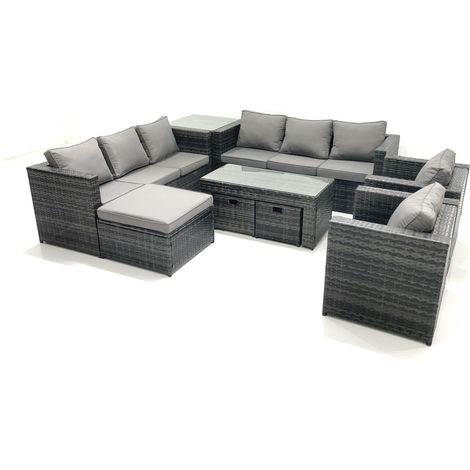Fimous Polyrattan Gartenmöbel set mit Couchtisch Sessel Beistelltisch 3 Hockern Dunkelgrau Gemischt