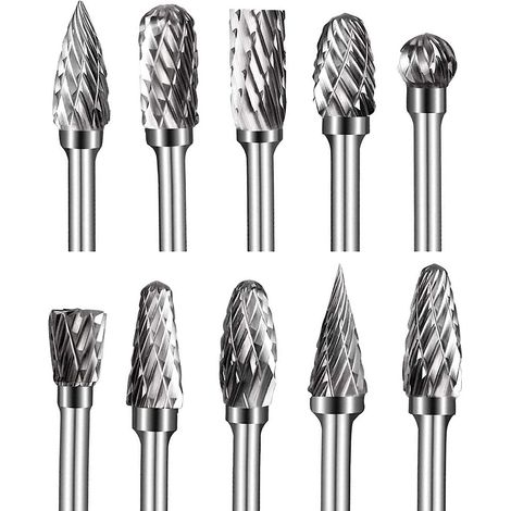 Fraises sur tige en Carbure de Tungstène à Double Coupe, 10 pièces Kit de fraises rotatives de 1/8” Tête d'affûtage de 6 mm (1/4)